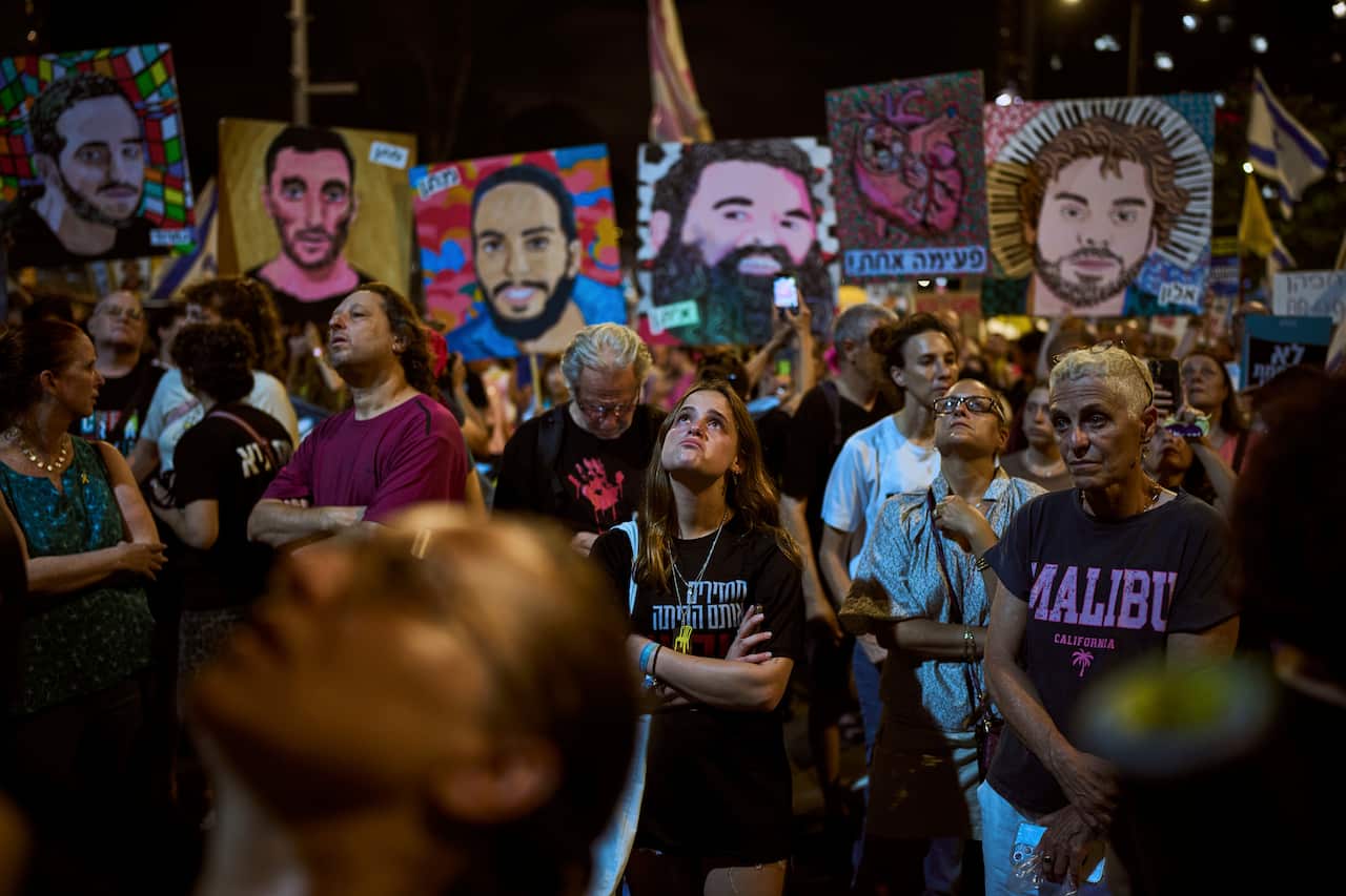 Relatives and supporters of Israeli hostages held in the Gaza Strip attend a rally demanding their release