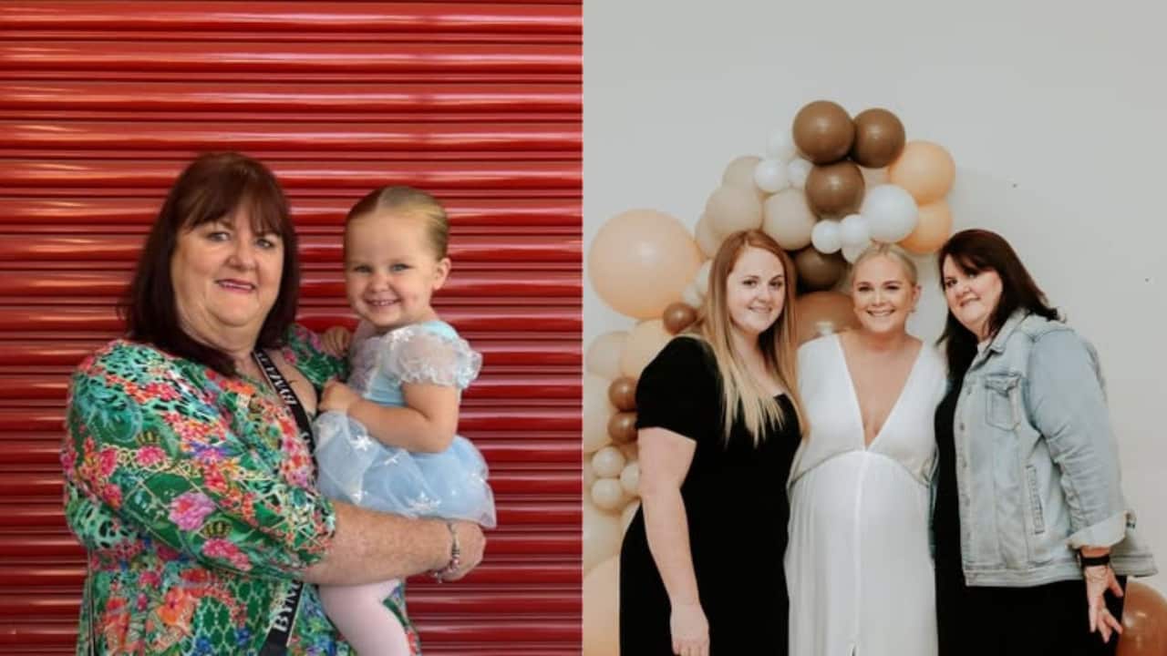 a side by side image: LEFT is a middle aged woman holding a blonde toddler in front of a red background and RIGHT: three women smile together in front of balloons, two are young and one is middle aged