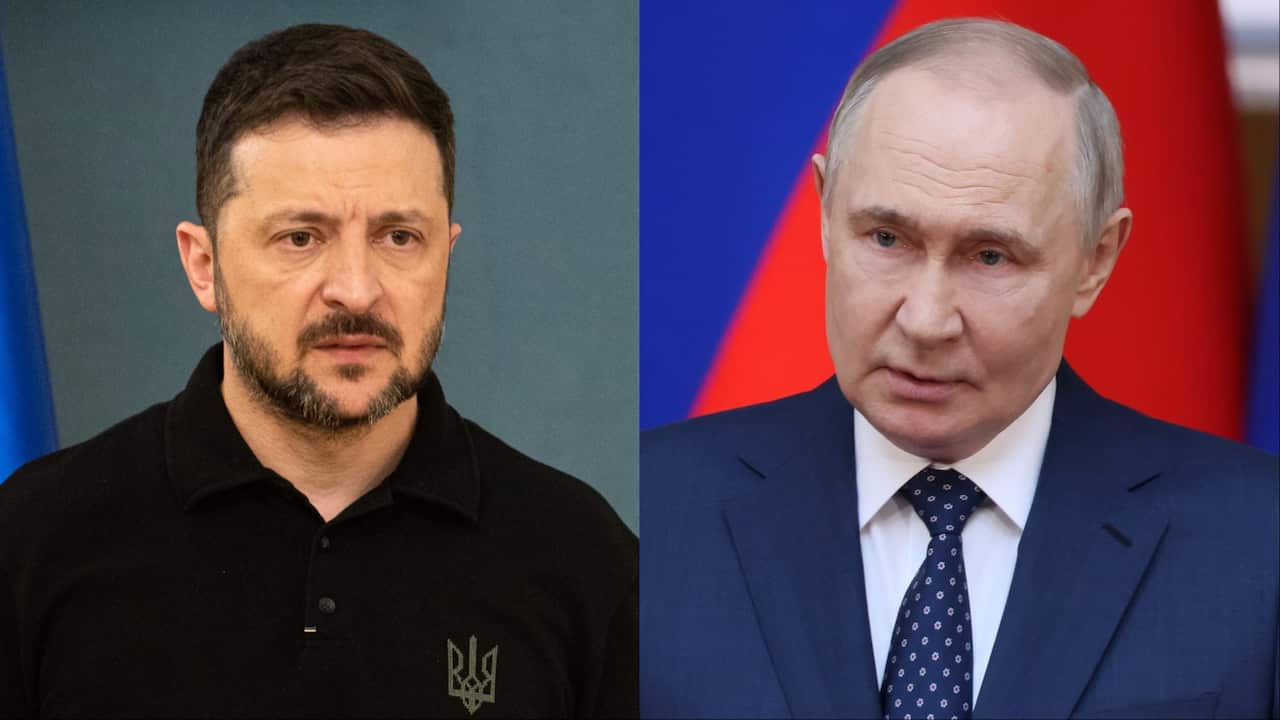 A composite image of Volodymyr Zelenskyy and Vladimir Putin.