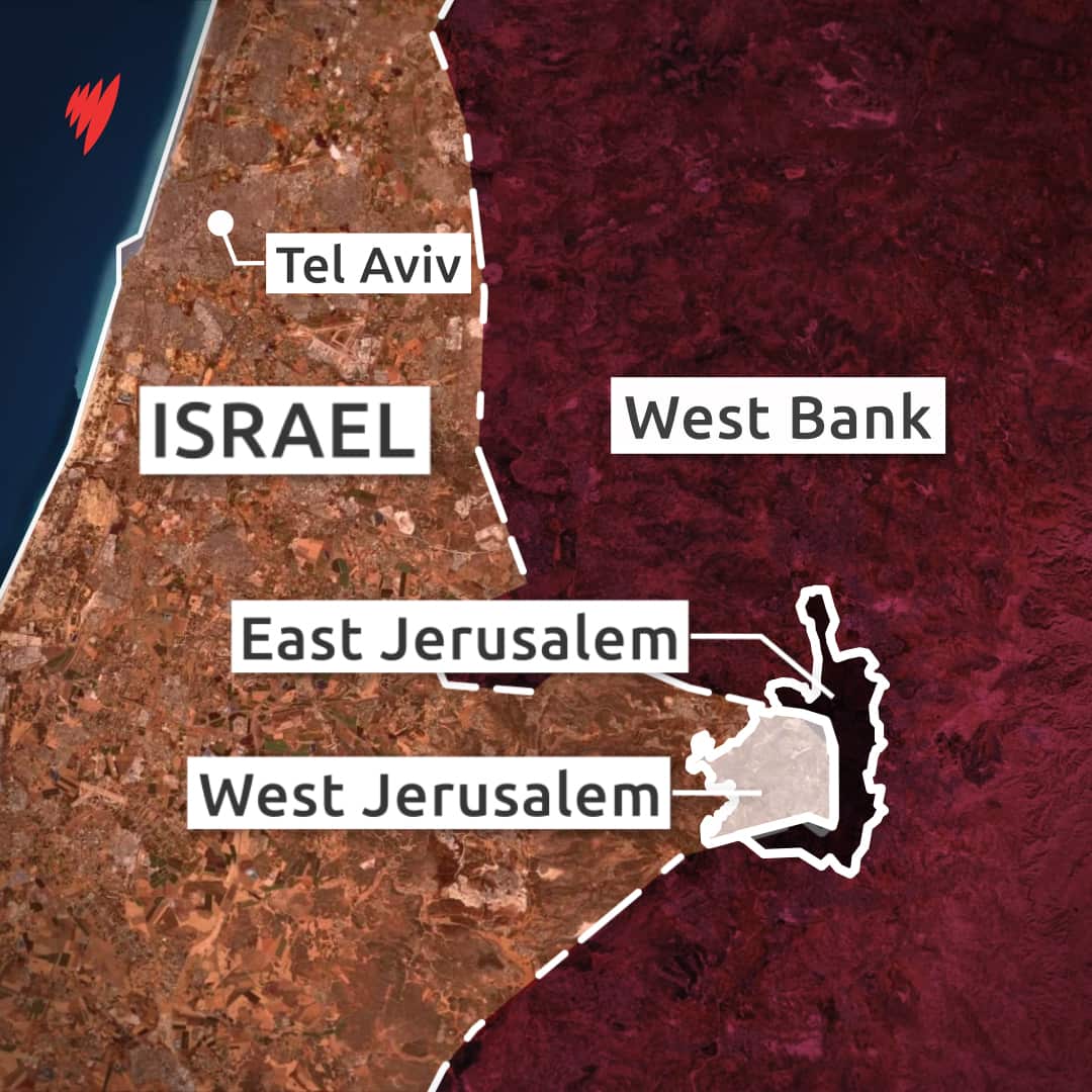 A map that locates East and West Jerusalem, Israel and Tel Aviv. 