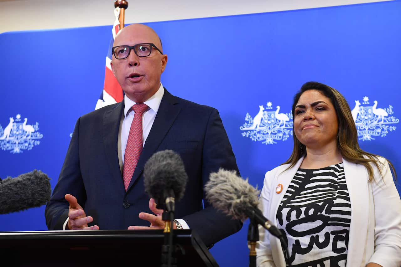 Peter Dutton and Jacinta Nampijinpa Price speak at a press conference.