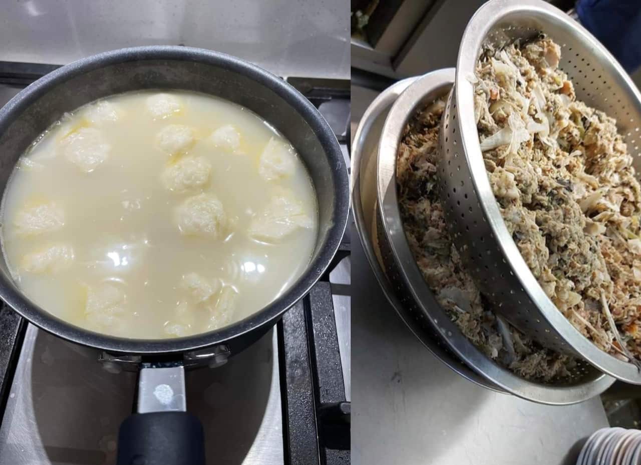 由馬鮫魚熬成的魚湯,右方是隔起的湯渣