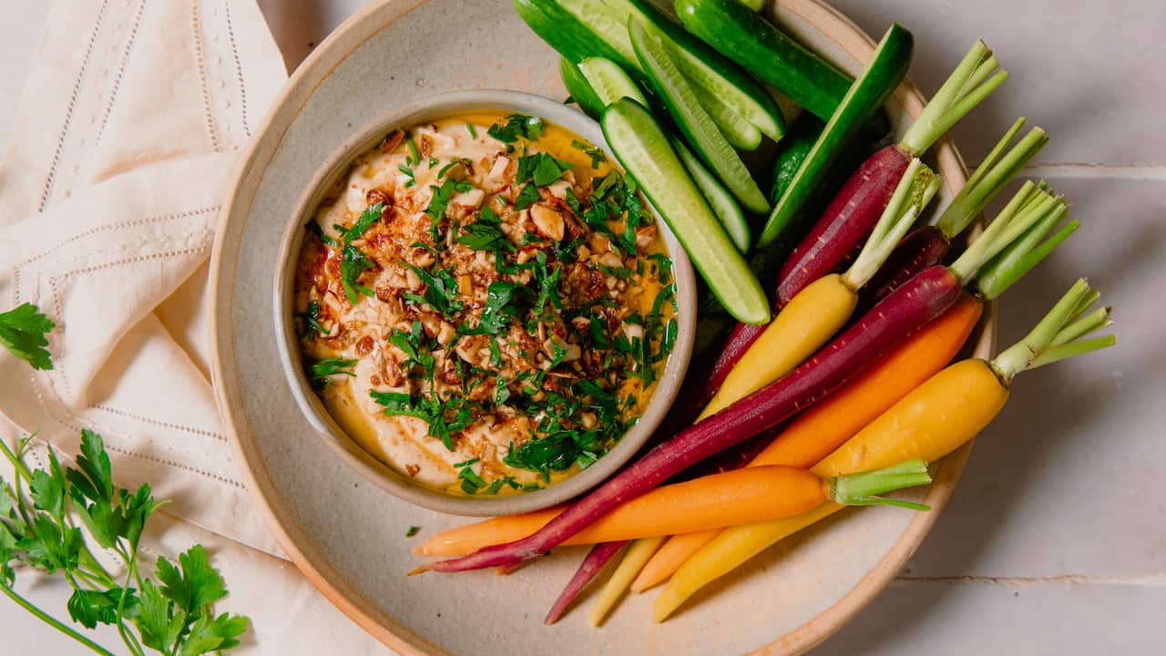 Roasted garlic hummus with baby crudités