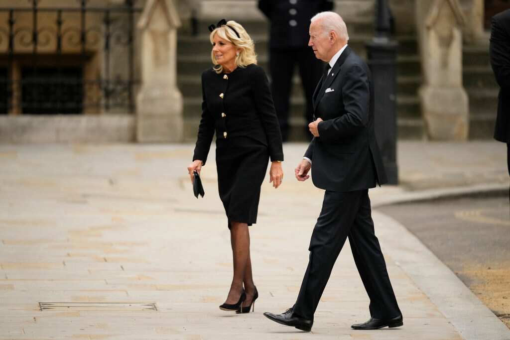 Jill Biden and US President, Joe Biden are pictured arriving ahead of the State Funeral of Queen Elizabeth II at Westminster Abbey. 