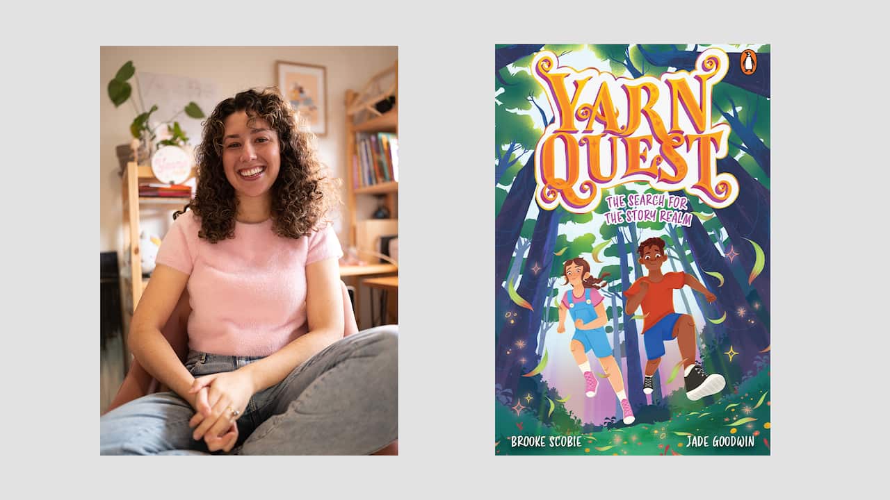 A composite image of the author and her book. 