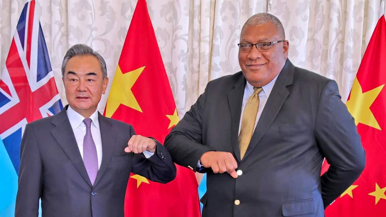 The Chinese foreign minister Wang Yi and Fiji's president Ratu Wiliame Katonivere