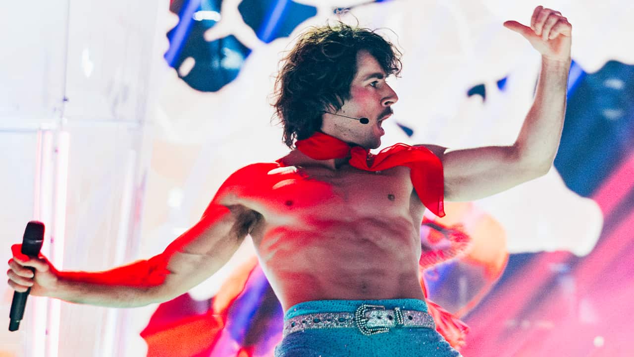 Go-Jo rehearsing 'Milkshake Man' at St. Jakobshalle arena in Basel, Switzerland.