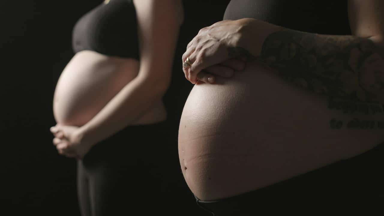 Two pregnant women posed with their bellies out. 