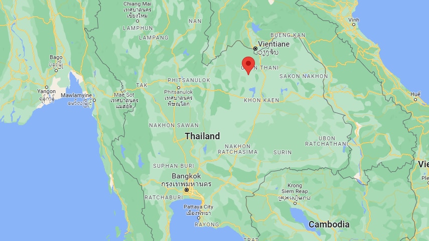 A map of Thailand with a pin marking a location in the north-east of the country