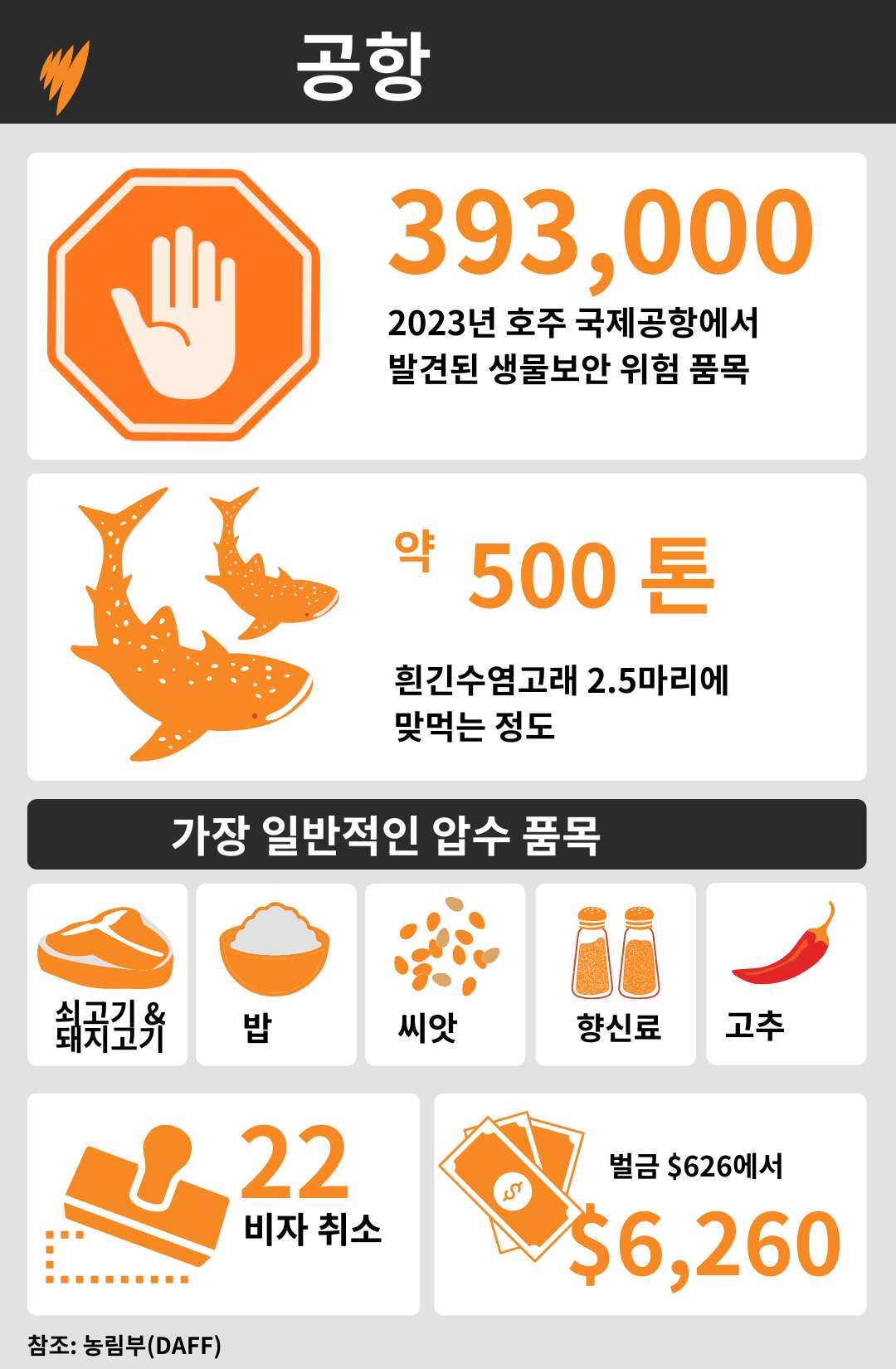 An infographic showing the number of items seized at Australian airports in 2023, highlighting the most common items like Beef, pork, rice, spices and chillies, as well as penalities incurred.