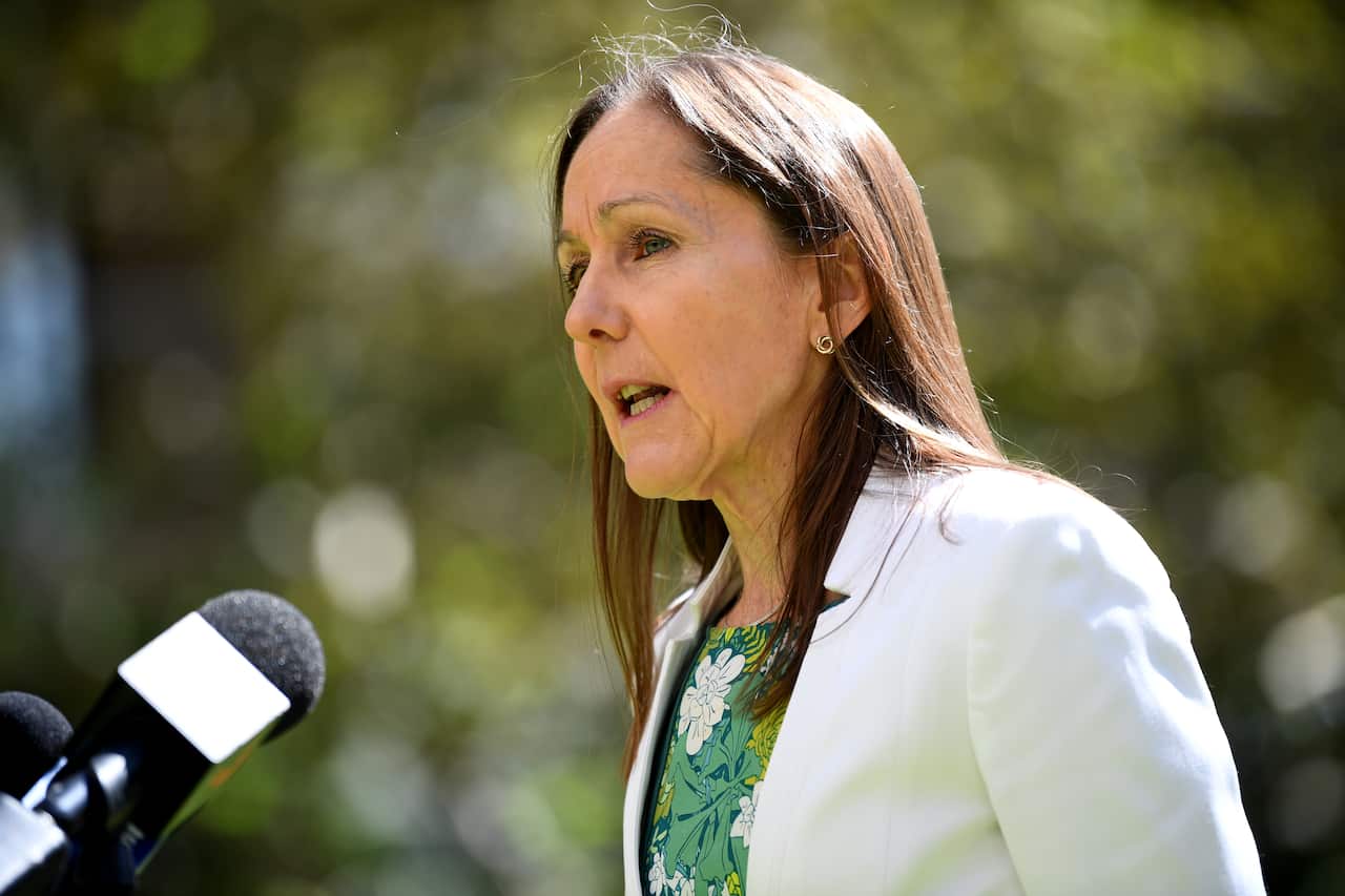 A woman speaking in front of microphones.
