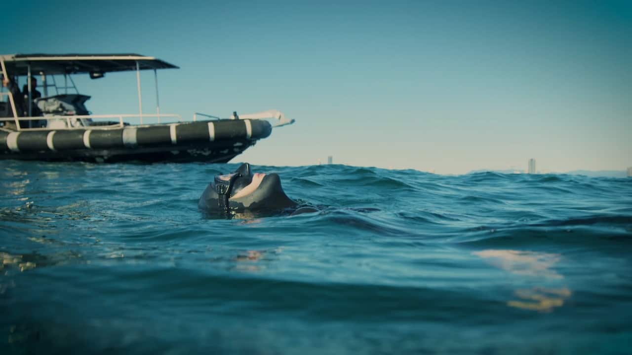 Amber floating in the ocean with a boat in the background.