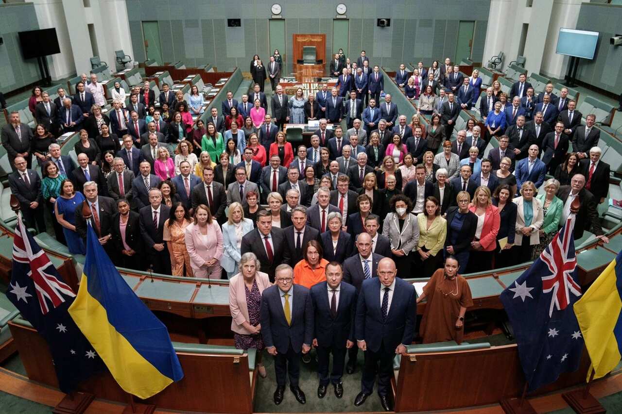 Australian federal MPs and Senators stood together in Parliament with Vasyl Myroshnychenko, the Ukrainian Ambassador to Australia, to show their solidarity with Ukraine. 16 Feb 2023..jpg