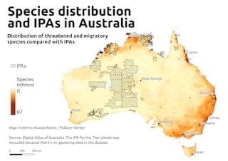 A heatmap showing the distribution of Australian species in relation to Indigenous Protected Areas