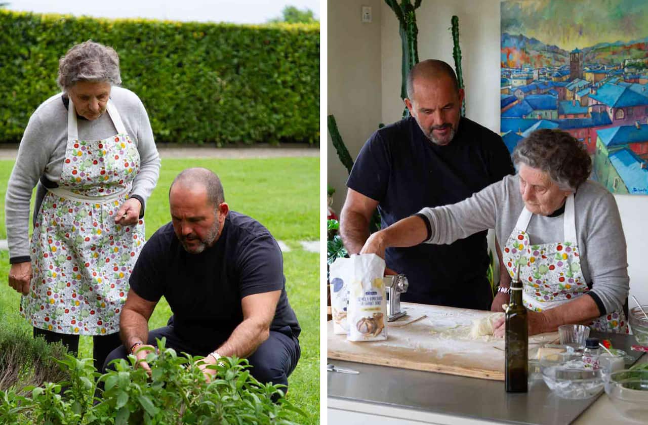 A composite image shows two pictures, one of a man and woman in a garden and the other in the kitchen, where she is showing him how she makes pasta. 