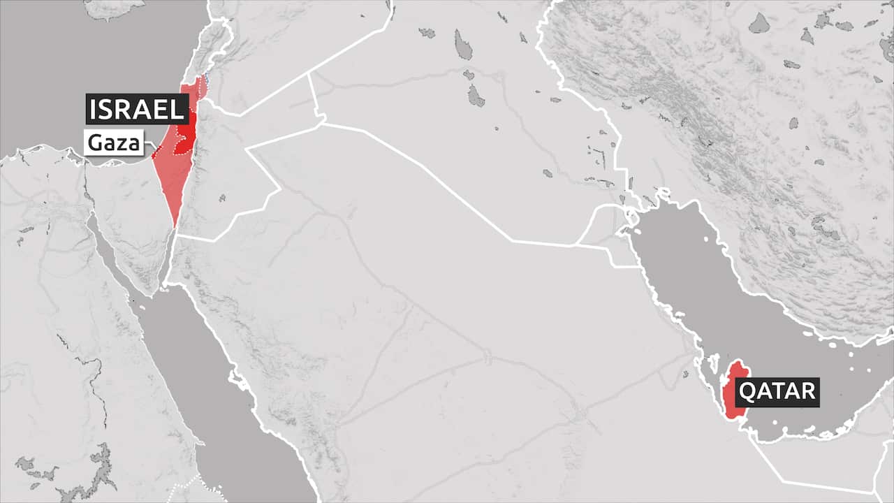 A map of the Middle Eastern region showing the location of Qatar, Gaza and Israel.