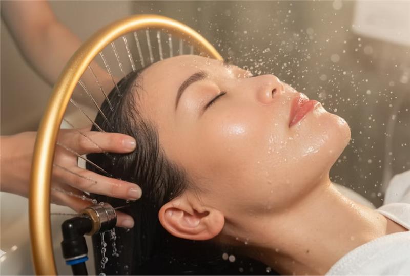 A woman with her eyes closed with a spa tap running water on her face
