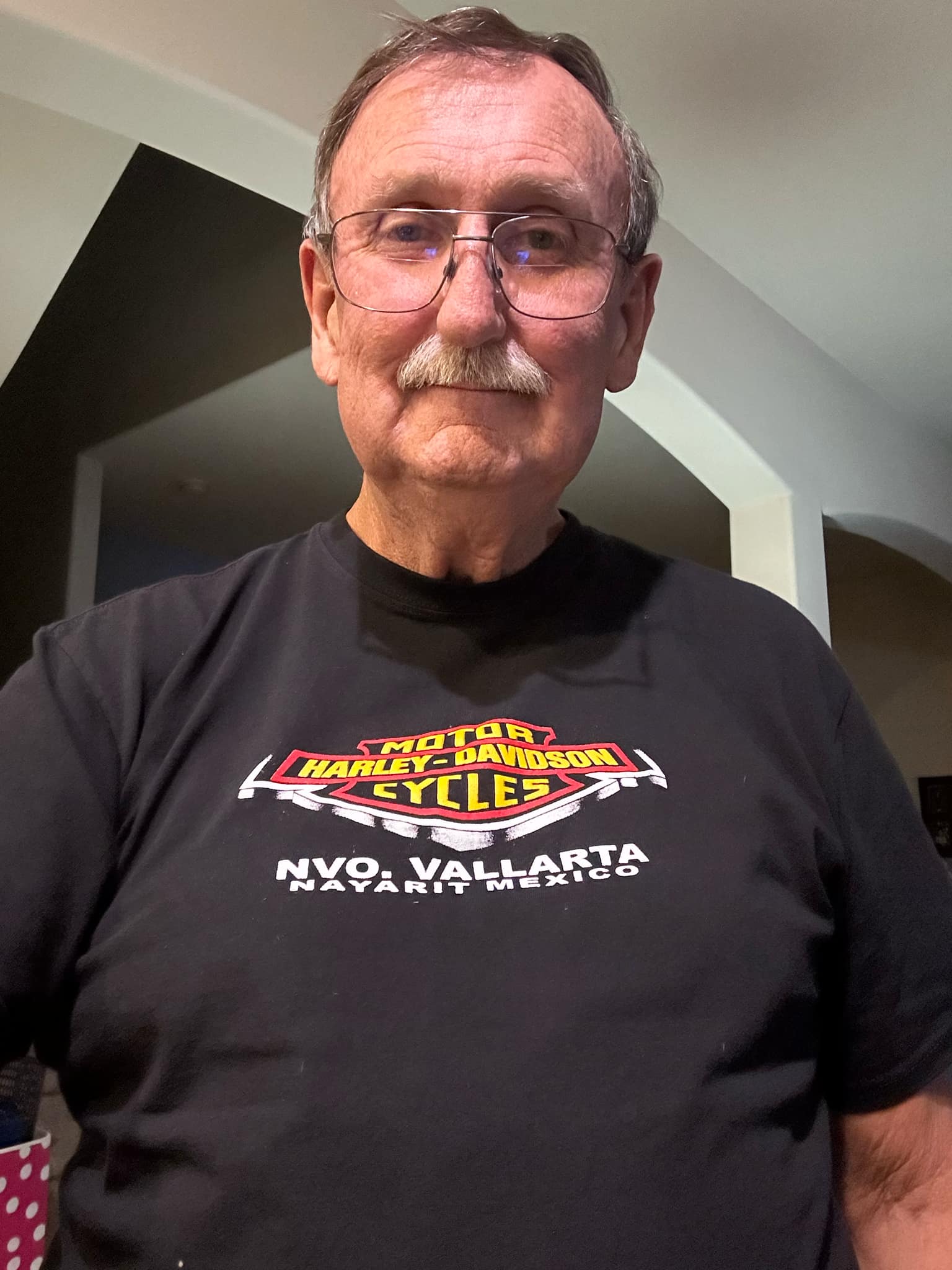 A man wearing a black t-shirt with Harley-Davidson Motorcyles written on it.