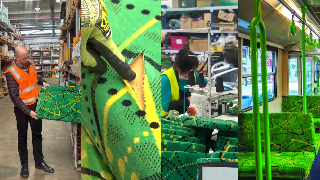 A composite image of a man holding a tram seat at a warehouse, a hand wearing a glove inspecting a tear on a seat, a woman working on a sewing machine and the interior of a tram_.png