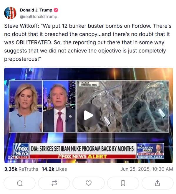 A screenshot of a Truth social post made by Donald Trump.