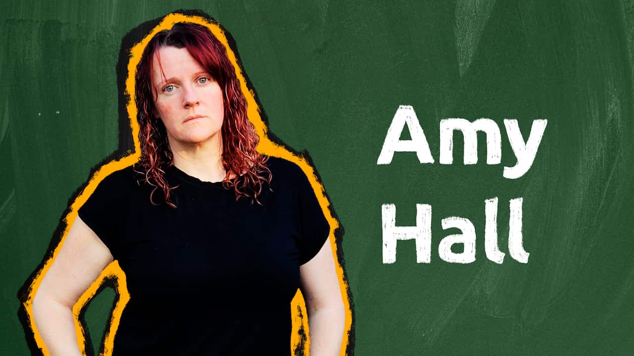 A woman wearing a serious expression and a black T-shirt is superimposed against a green background. Next to her is white text reading "Amy Hall"