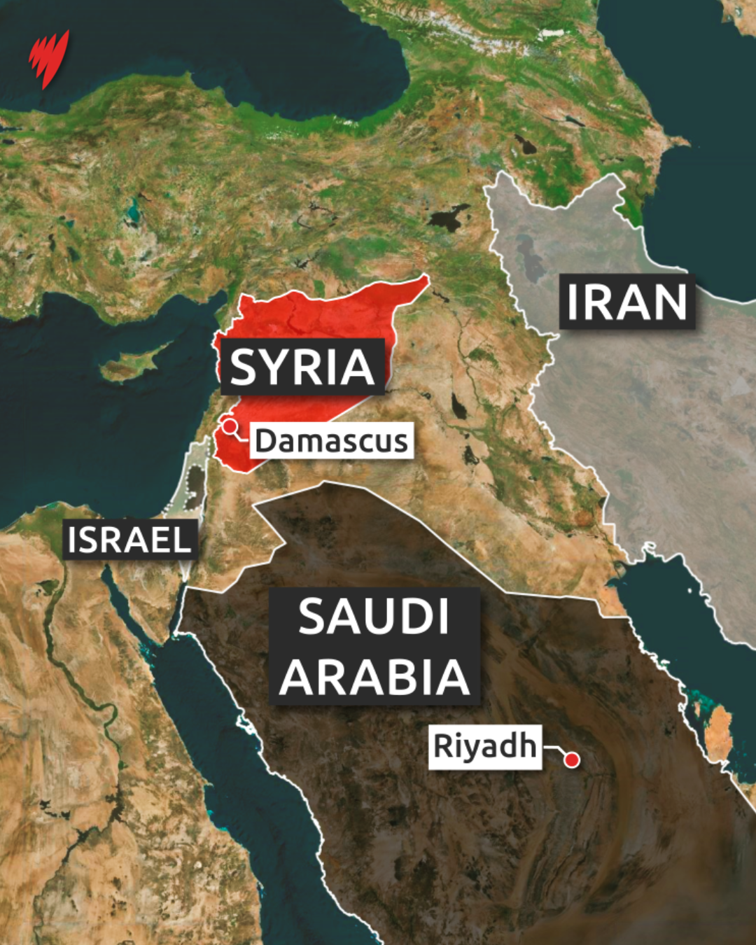 Map showing location of Syria, Saudi Arabia, Iran and Israel