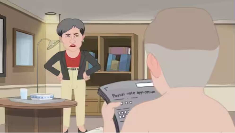 A female cartoon character stands angrily in front of a cartoon character man reading some papers. 