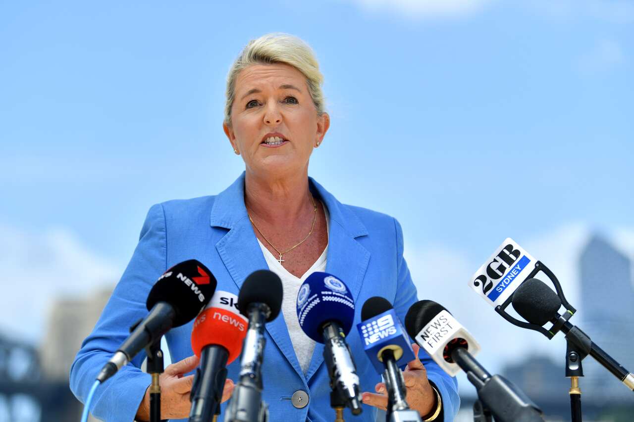 A woman in a blue blazer speaking into a row of media microphones.