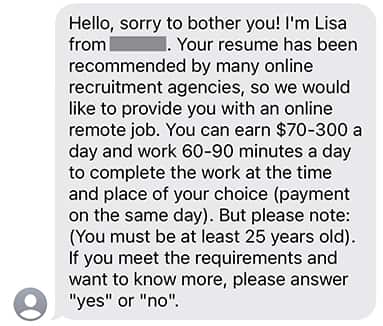 A screenshot of a scam text message.