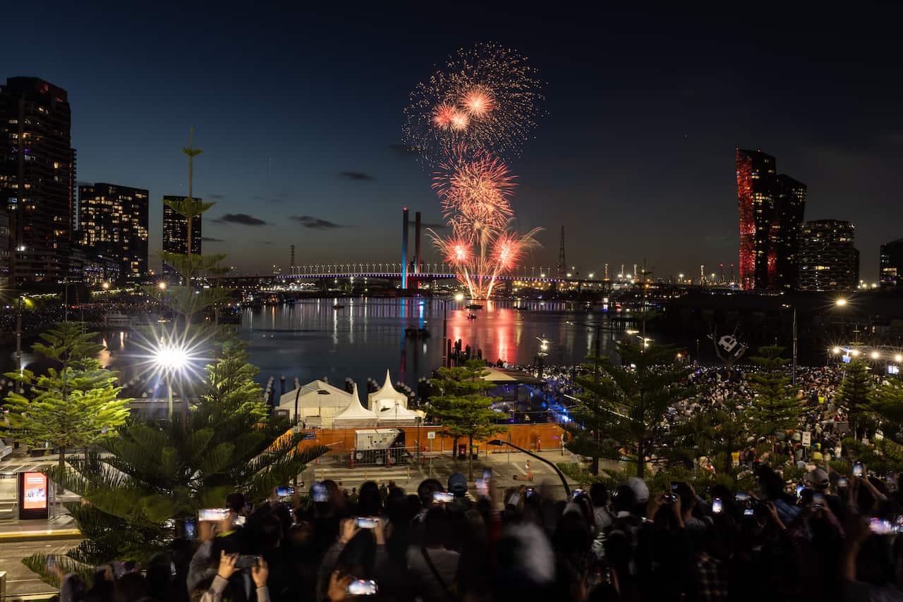 Fireworks are seen above the Bolte Bridge in Dockland during New Year’s Eve celebrations in Melbourne.