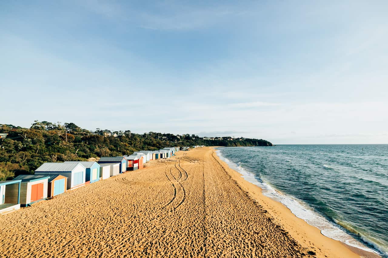 Aerial view of a beach with huts, Mt. Martha Beach, Mornington Peninsula, Australia