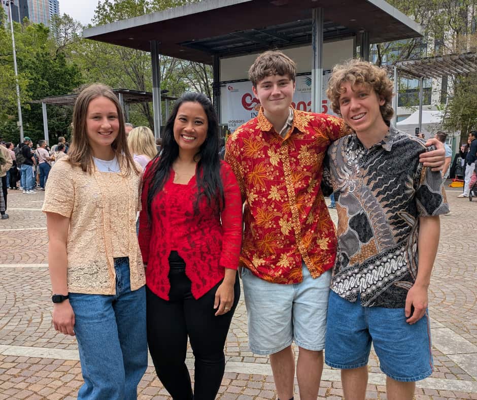 Zali Horner, Helena Anggraeni (the teacher), Jay Wickes, and Finn Collins at Festival Indonesia 2025.