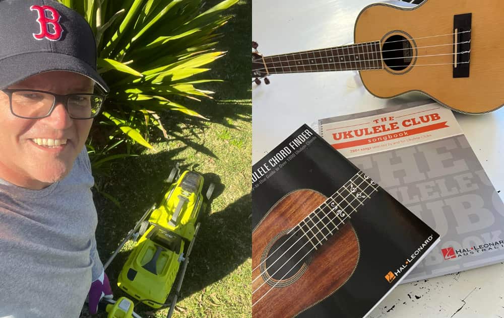 A picture of a man smiling next to a lawnmower next to another picture of a ukulele.