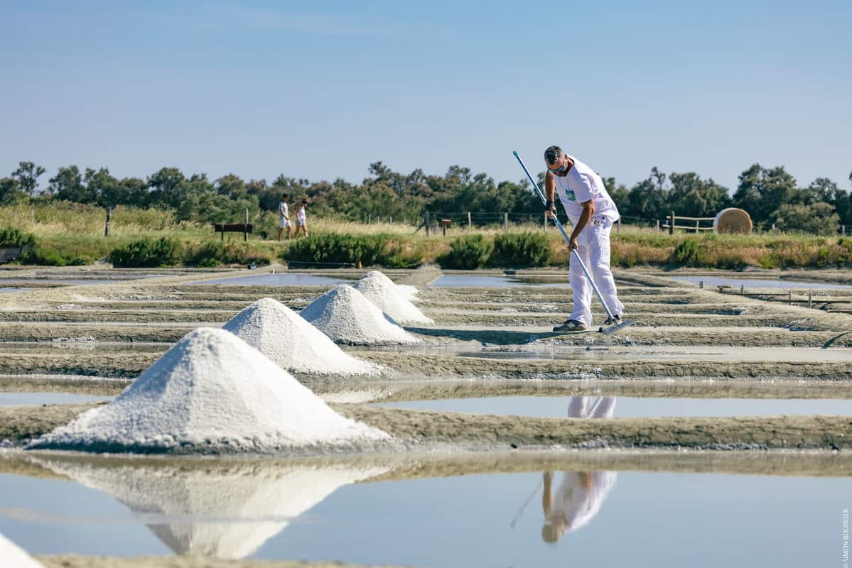 Marais Salant Epine man holding rake alongside salt piles