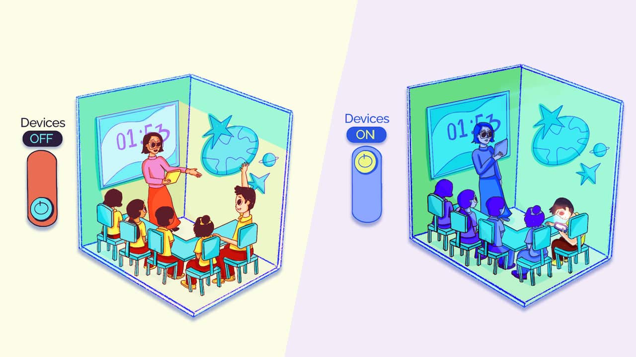 A before/after illustration showing a child raising his hand in the classroom versus staring at a device in his hand.