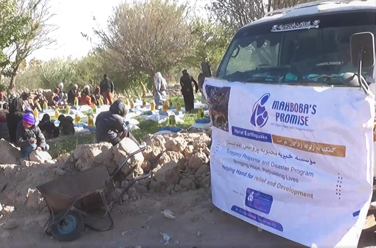 A Mahboba's Promise truck distributing aid in Herat province, Afghanistan.