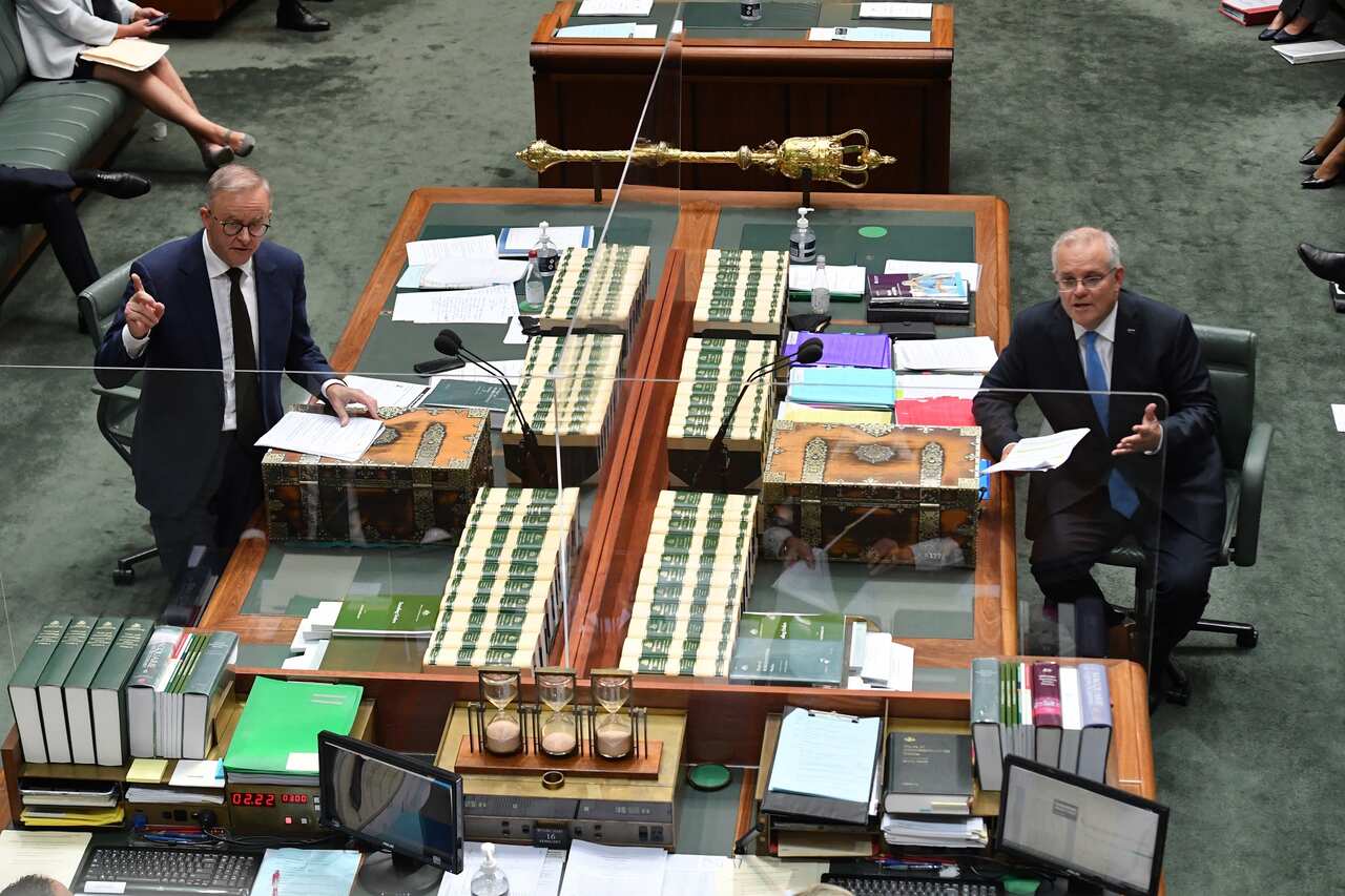 Leader of the Opposition Anthony Albanese and Prime Minister Scott Morrison during Question Time in Parliament on 16 February 2022. 