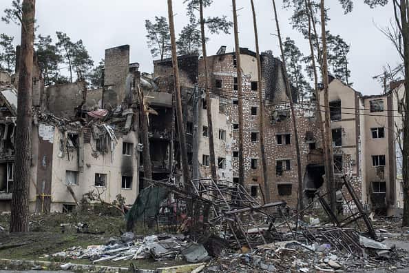 Heavily damaged residential buildings in Irpin, Ukraine, 2 April, 2022.