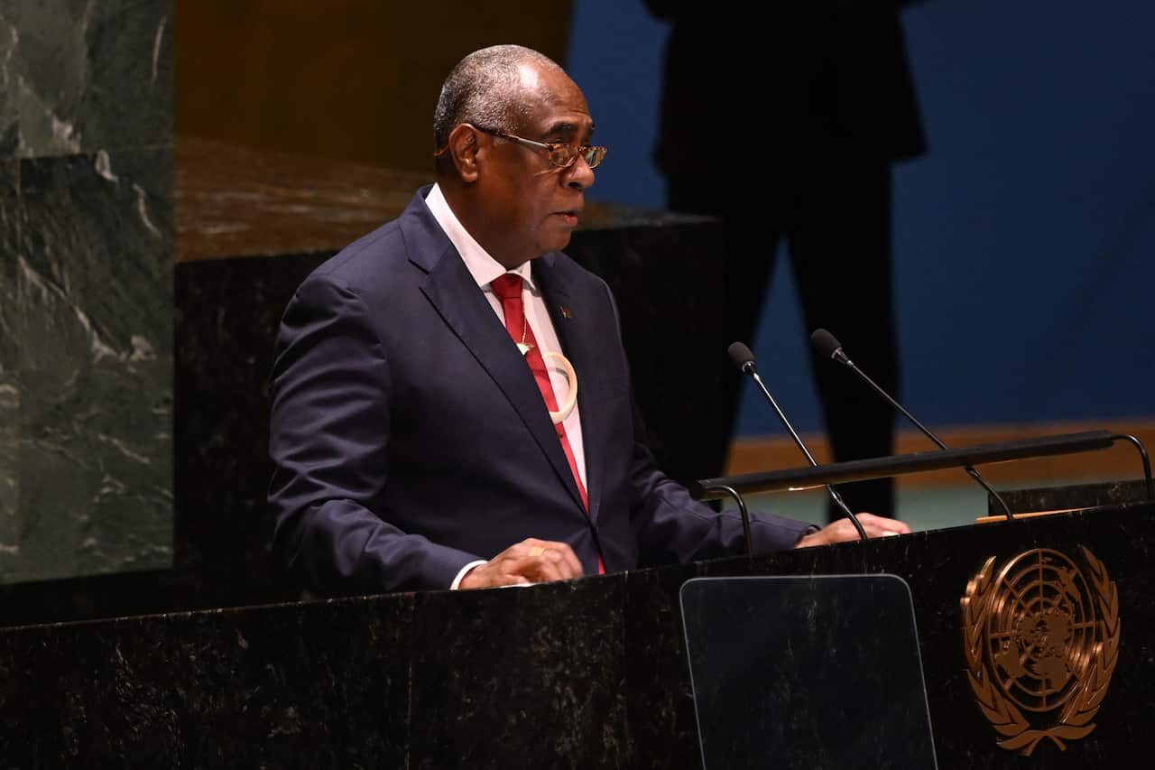 Vanuatu's Prime Minister Ishmael Kalsakau addressing the general assembly hall of the United Nations (UN) headquarters in New York.