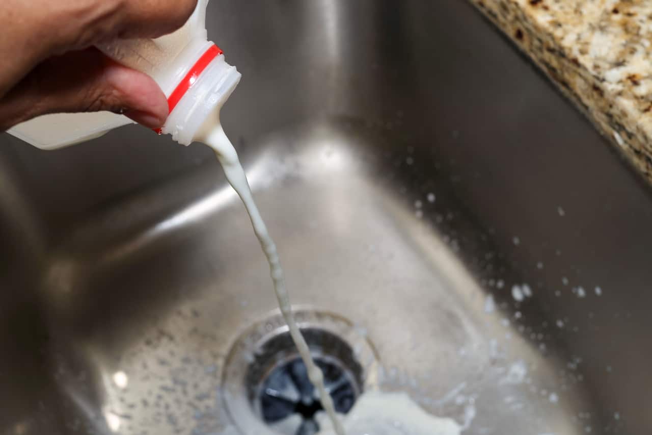 Pouring milk into a kitchen sink