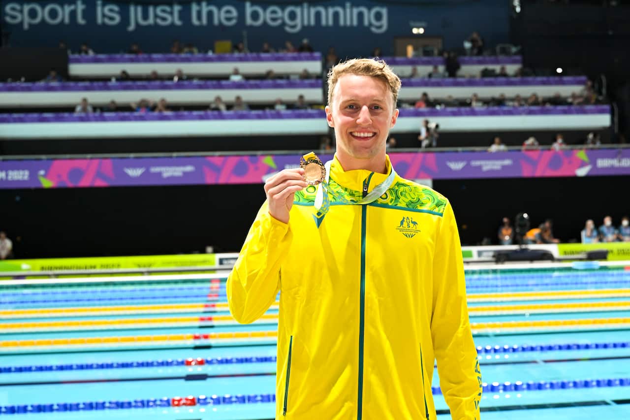 Elijah Winnington wins gold during the Men’s 400m Freestyle Final on Day 1 of the Commonwealth Games at Sandwell Aquatics Centre in Birmingham, England.