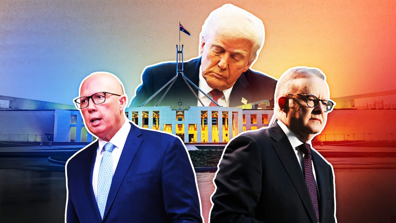 A composite image showing Anthony Albanese, Peter Dutton and Donald Trump.
