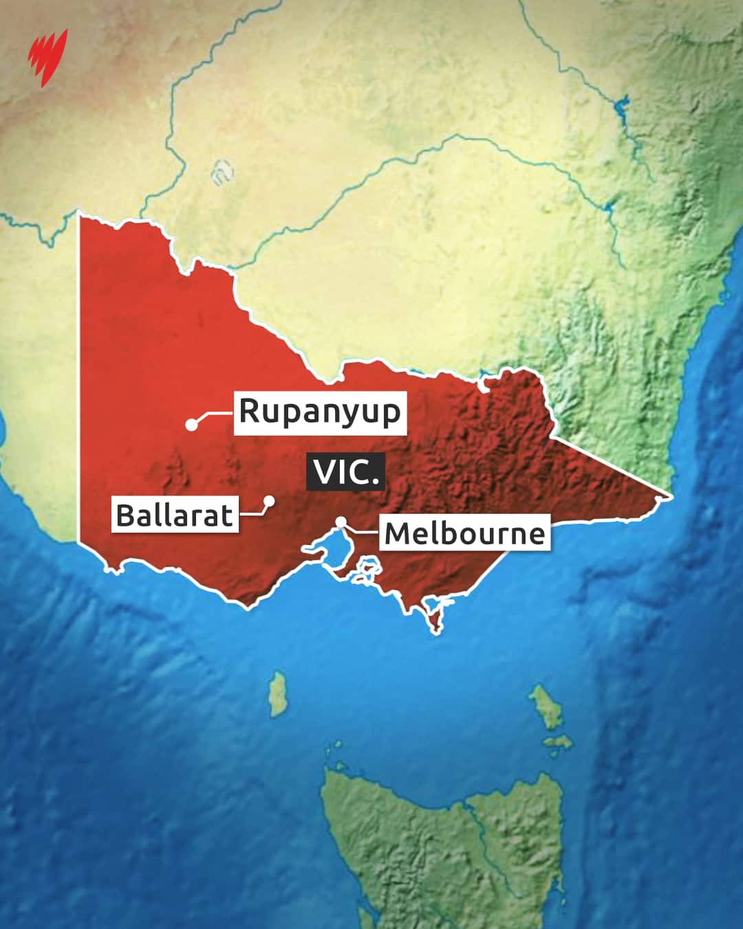 A map showing where Rupanyup is located, with Ballarat and Melbourne as reference points.