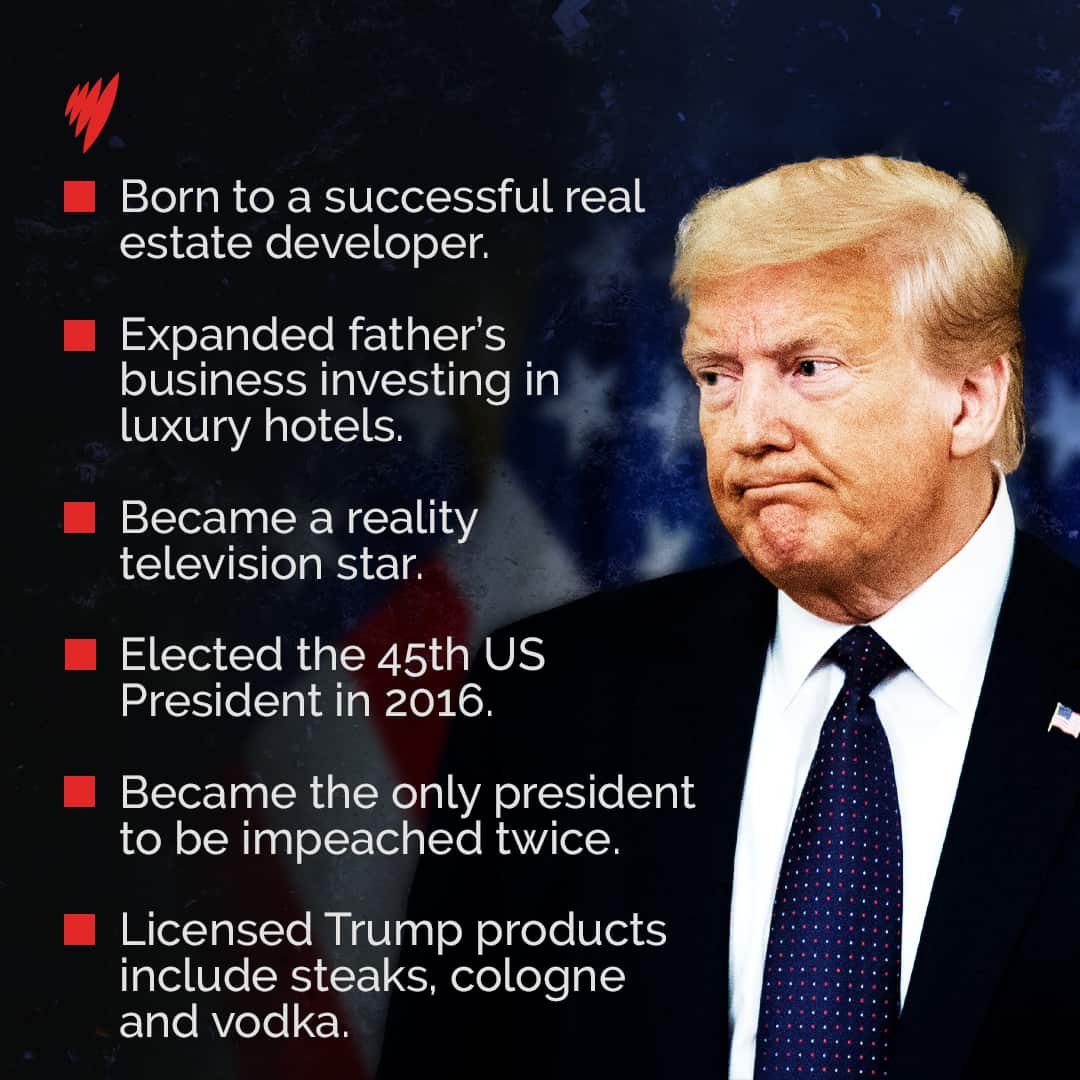 A graphic with text on it and Donald Trump looking serious.