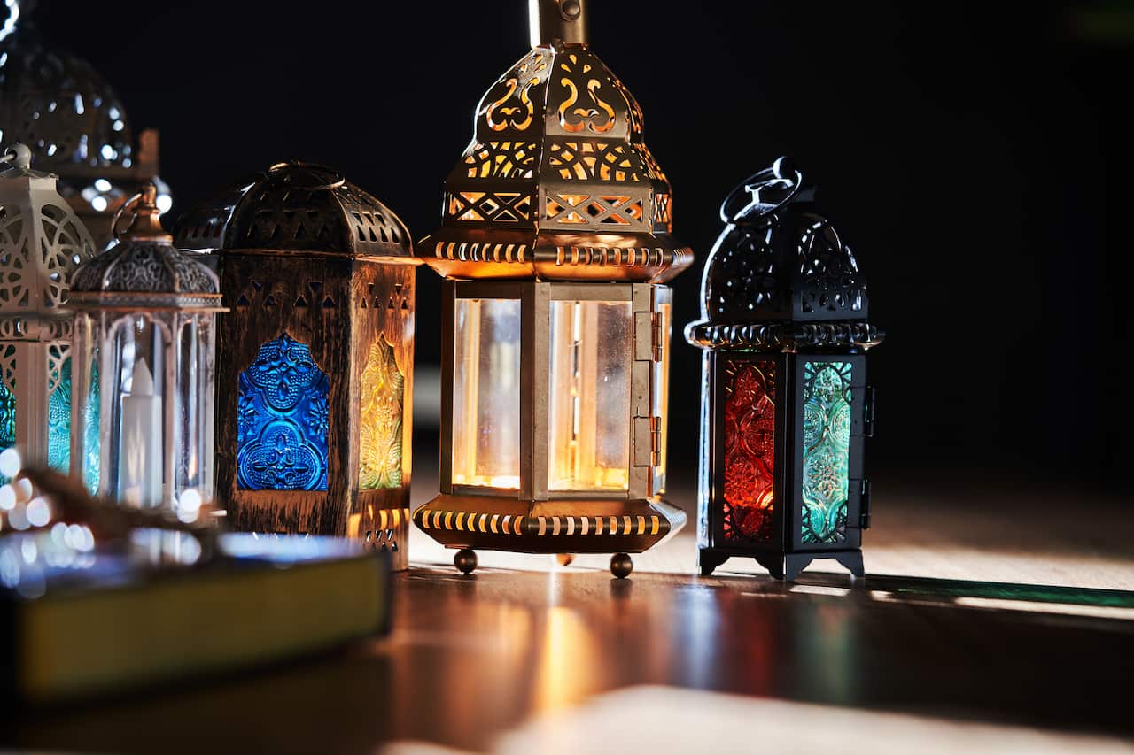 Koran arabic candle lantern and player beads selective focus,Malaysia