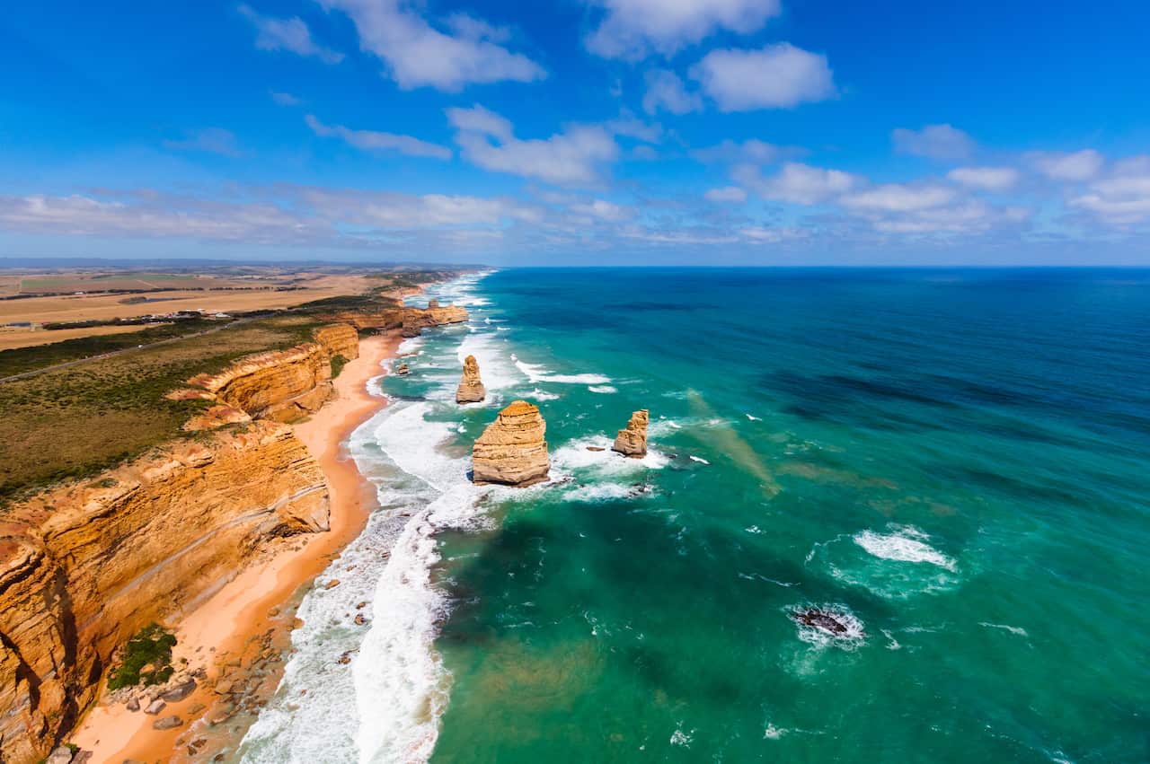 aerial view of the Great Ocean Road and the Twelve Apostles near Melbourne