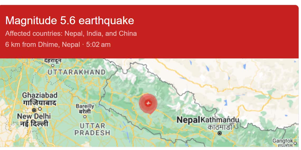 A map of Nepal with a circle depicting an earthquake
