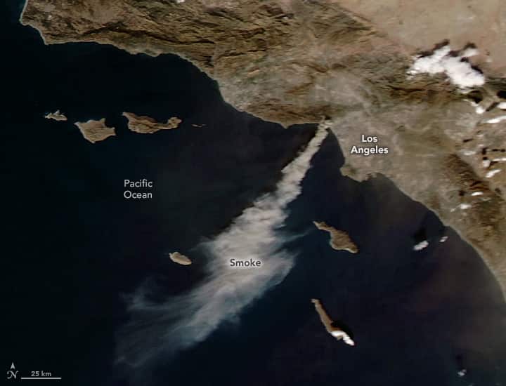 A map showing the view of Los Angeles wildfires from space.