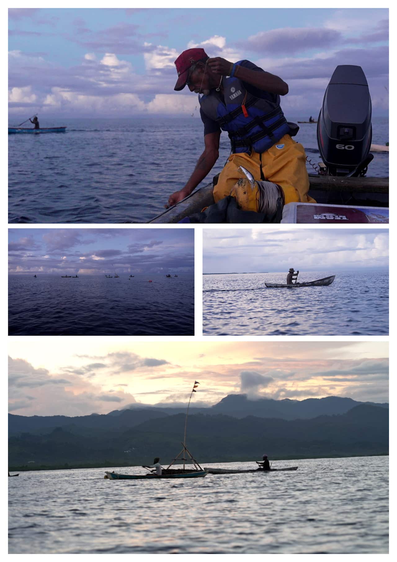 A composite of four photographs showing fishers in canoes on Langa Langa Lagoon at dawn.