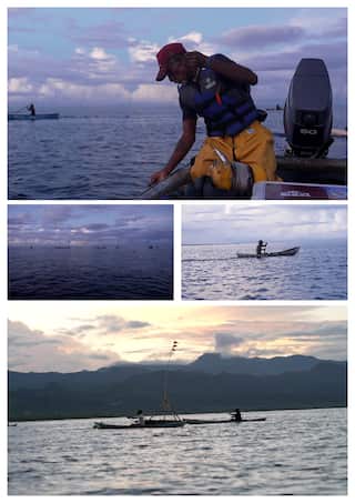 A composite of four photographs showing fishers in canoes on Langa Langa Lagoon at dawn.